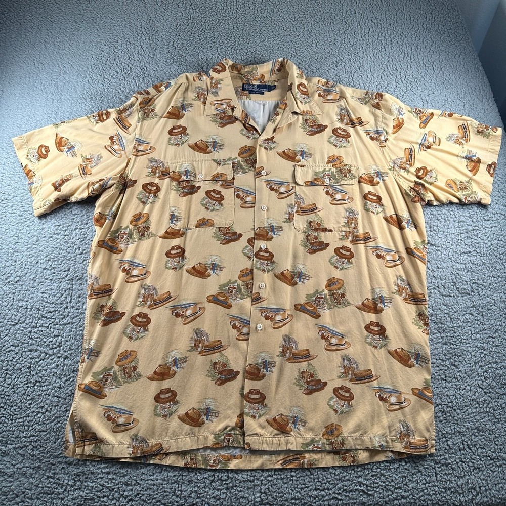 Vtg Polo Ralph Lauren Camp Shirt Mens‎ XL Rayon Straw Hat Print 90's Loop Collar
